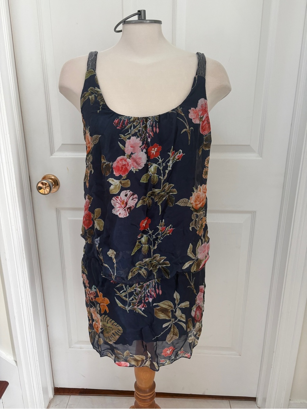 Elena Baldi silk blend Women’s Navy Floral Sleeveless Tank Top Dress
